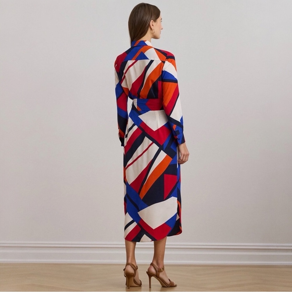NWT Lauren Ralph Lauren Print Crepe Color Black Midi Shirt Dress Size 18W - Picture 2 of 7
